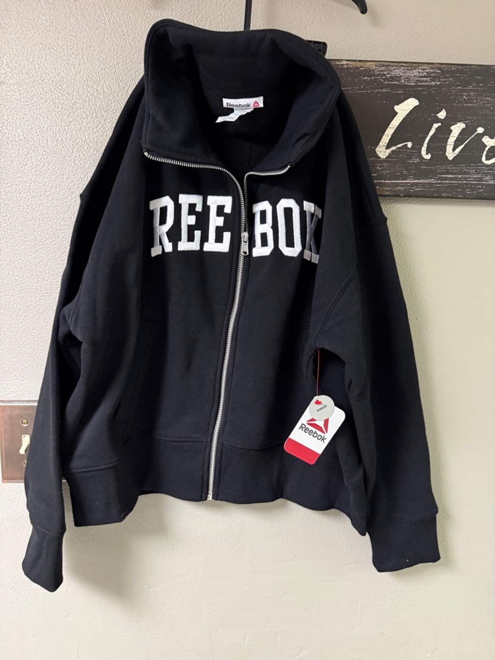 Reebok Black Zip-Up Sweatshirt with White Logo size Small